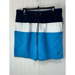 Nautica Men Swim Short Trunks Large Quick Dry Performance Blue Colorblock Pocket